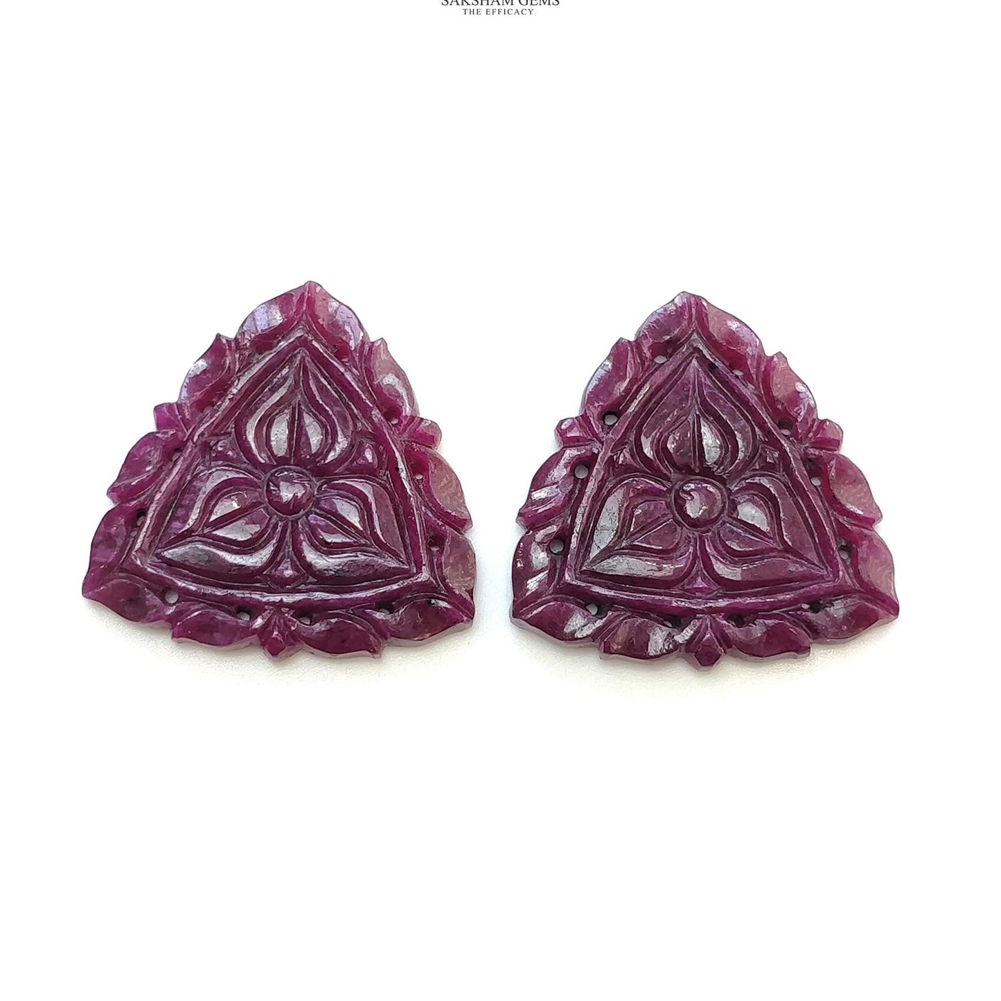 Red RUBY Gemstone Carving : 54.80cts Natural Untreated Unheated Ruby Floral Hand Carved Triangle Shape 28mm Pair