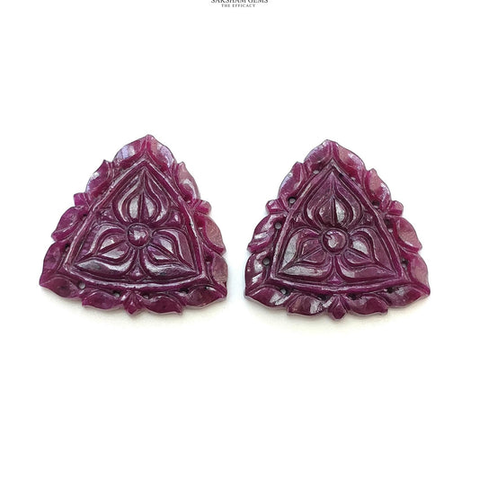 Red RUBY Gemstone Carving : 54.80cts Natural Untreated Unheated Ruby Floral Hand Carved Triangle Shape 28mm Pair