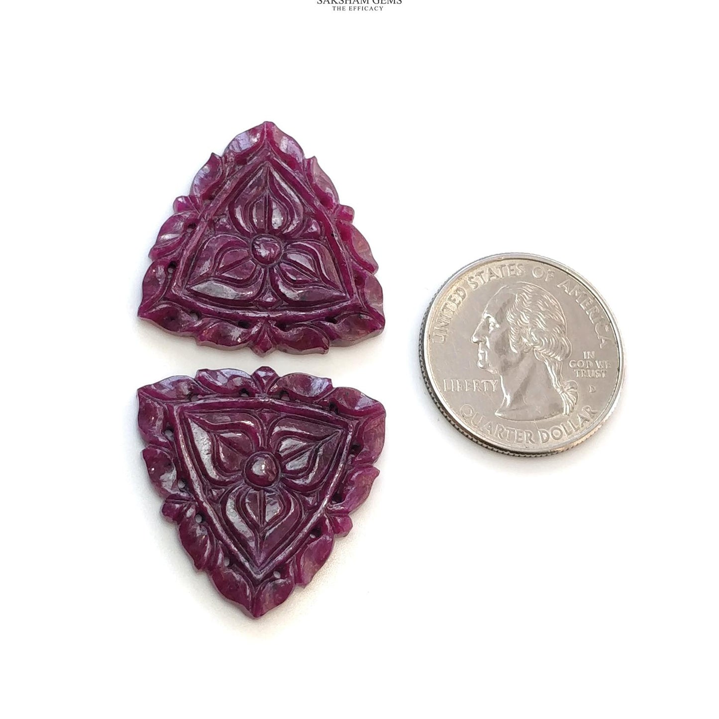Red RUBY Gemstone Carving : 54.80cts Natural Untreated Unheated Ruby Floral Hand Carved Triangle Shape 28mm Pair