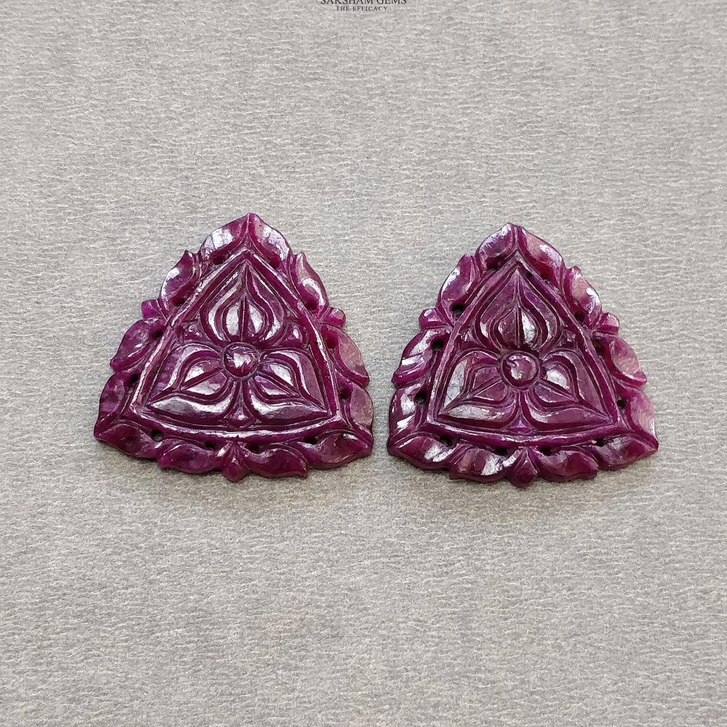 Red RUBY Gemstone Carving : 54.80cts Natural Untreated Unheated Ruby Floral Hand Carved Triangle Shape 28mm Pair