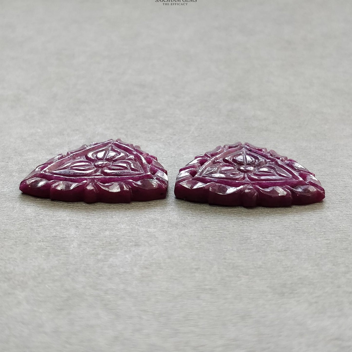 Red RUBY Gemstone Carving : 54.80cts Natural Untreated Unheated Ruby Floral Hand Carved Triangle Shape 28mm Pair