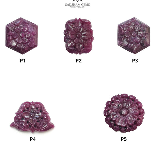 RUBY Gemstone Carving : Natural Untreated Unheated Red Ruby Floral Hand Carved Hexagon Cushion & Uneven Shape