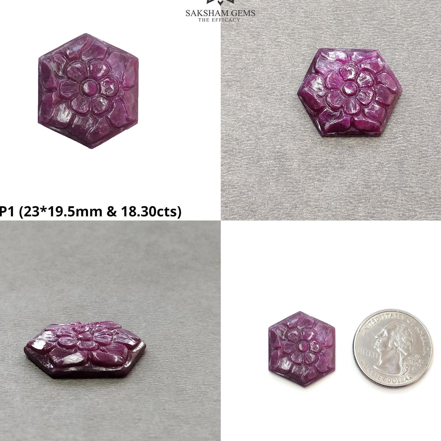 RUBY Gemstone Carving : Natural Untreated Unheated Red Ruby Floral Hand Carved Hexagon Cushion & Uneven Shape
