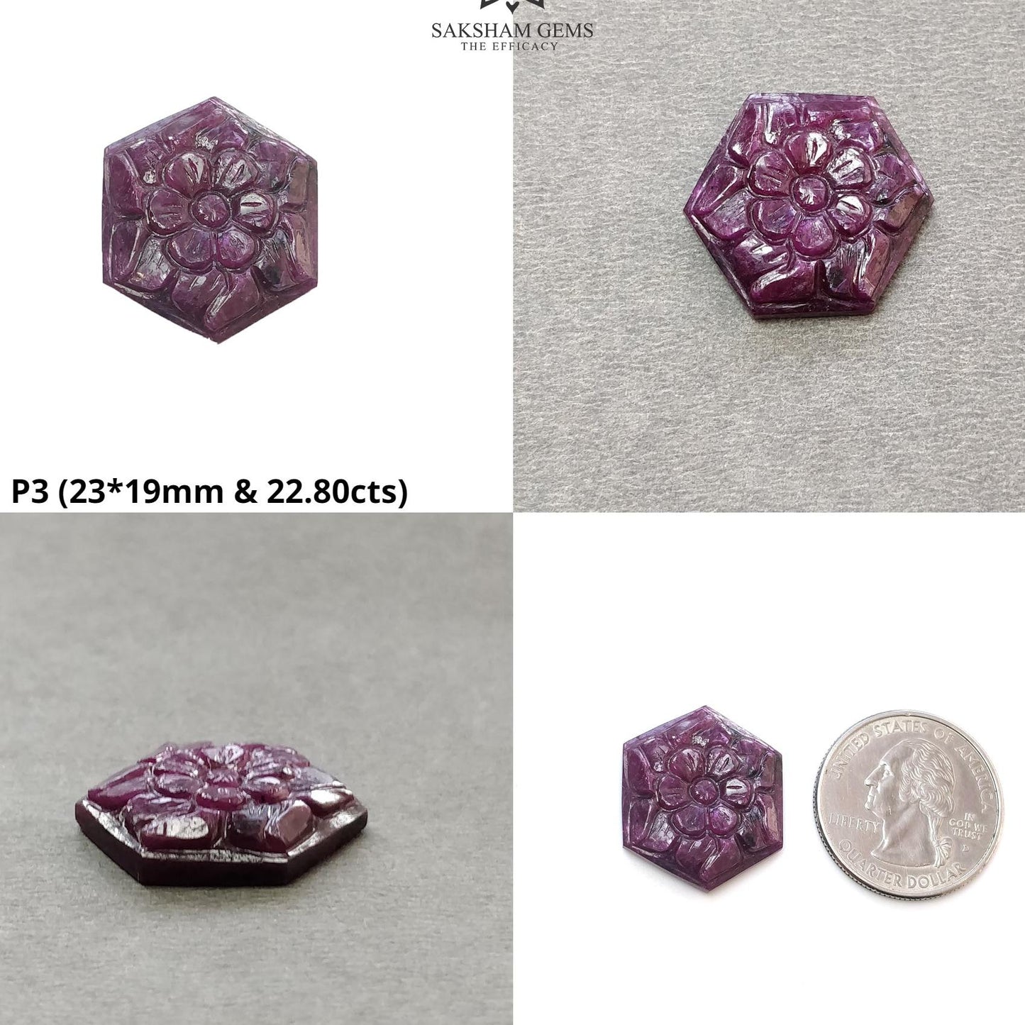 RUBY Gemstone Carving : Natural Untreated Unheated Red Ruby Floral Hand Carved Hexagon Cushion & Uneven Shape