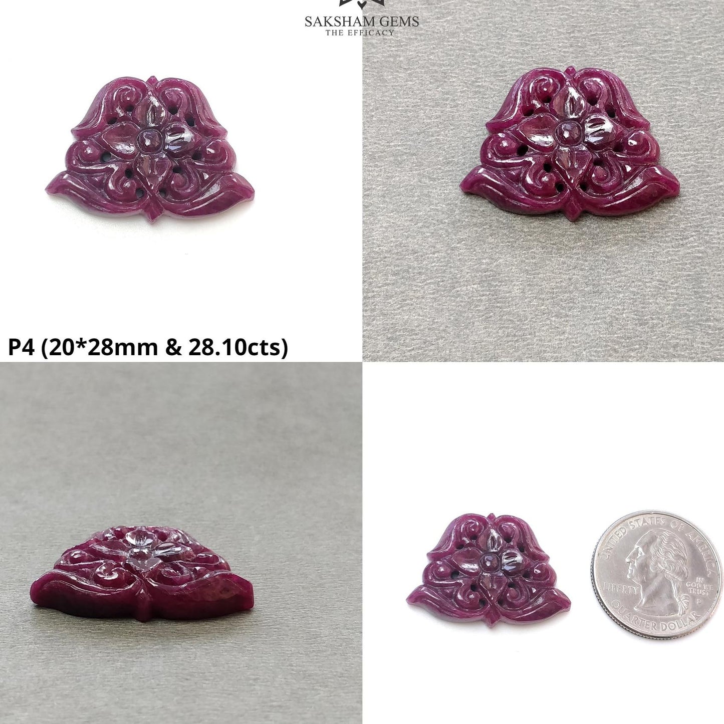 RUBY Gemstone Carving : Natural Untreated Unheated Red Ruby Floral Hand Carved Hexagon Cushion & Uneven Shape