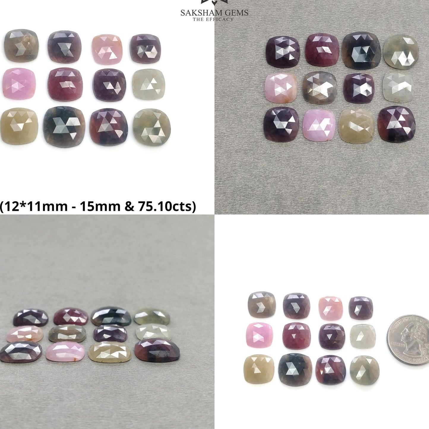 MULTI SAPPHIRE Gemstone Rose Cut : Natural Untreated Unheated Sapphire Bi-Color Cushion Shape Set