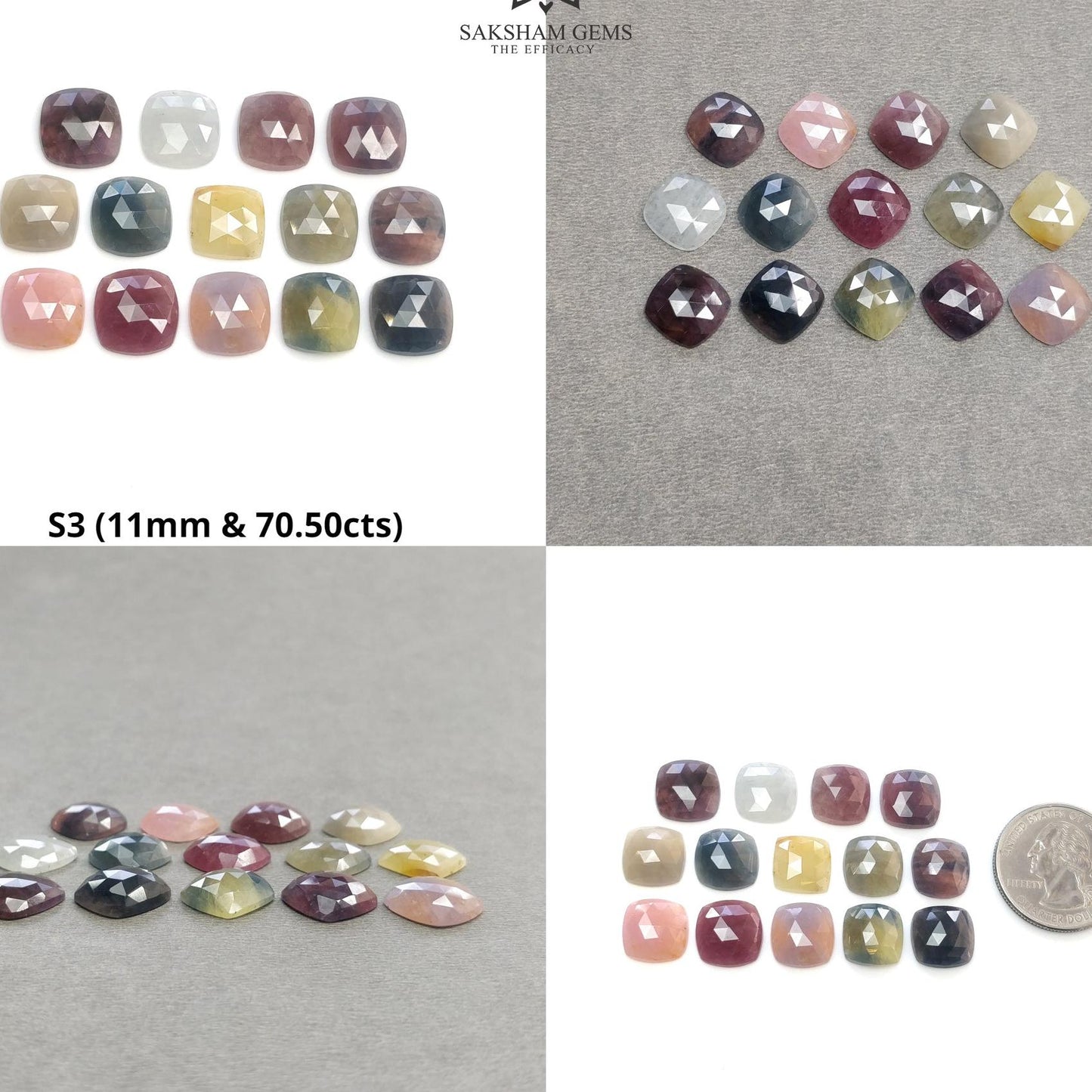 MULTI SAPPHIRE Gemstone Rose Cut : Natural Untreated Unheated Sapphire Bi-Color Cushion Shape Set