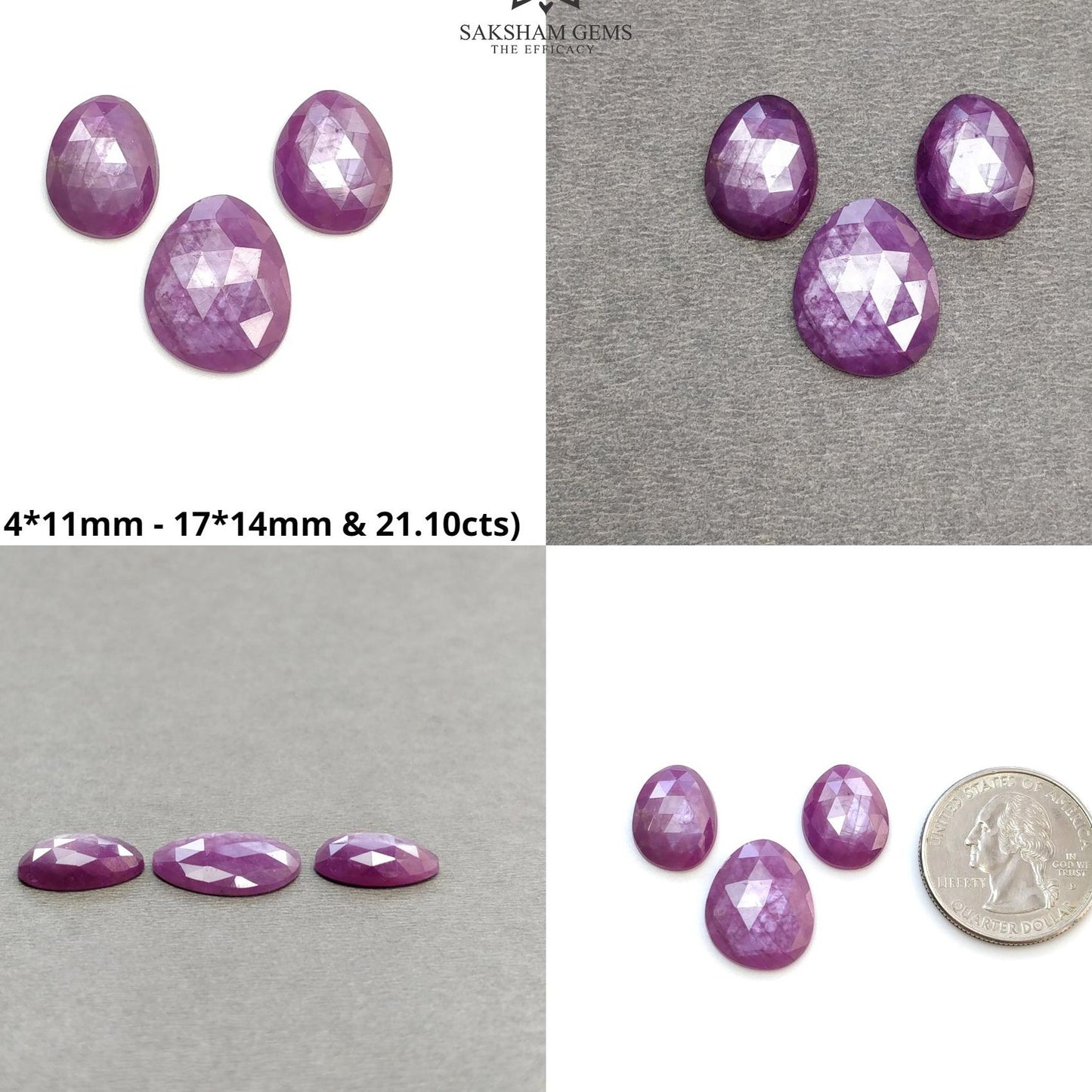 RUBY Gemstone Rose Cut : Natural Untreated Unheated Raspberry Purple Pink Ruby Egg Shape 3pcs Set