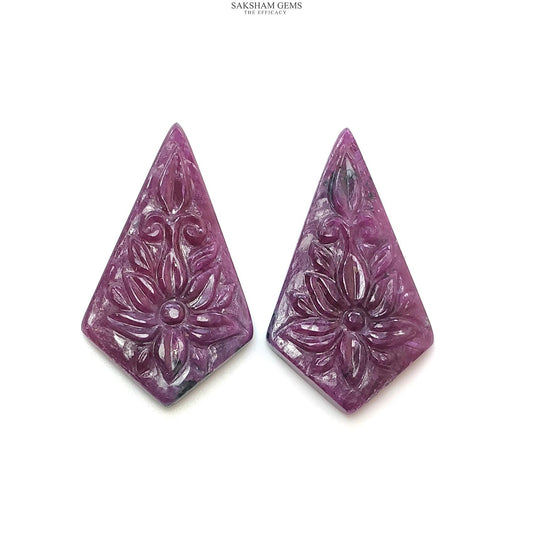 RUBY Gemstone Carving : 48.80cts Natural Untreated Unheated Red Ruby Hand Carved Uneven Shape 35*20mm Pair