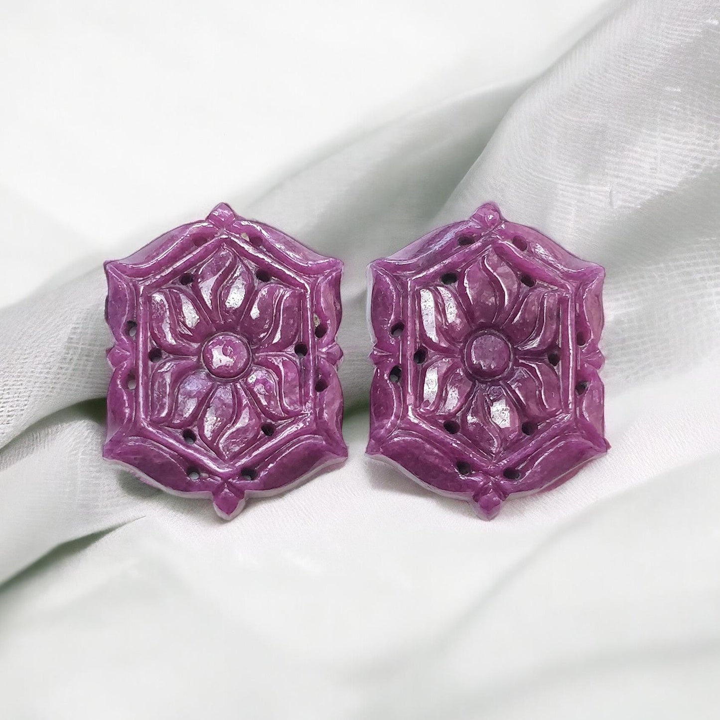 RUBY Gemstone Carving : 78.90cts Natural Untreated Unheated Red Ruby Hand Carved Hexagon Shape 31*23mm Pair