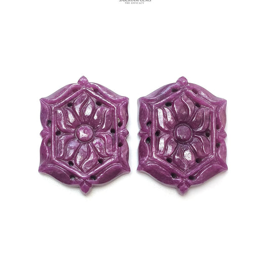 RUBY Gemstone Carving : 78.90cts Natural Untreated Unheated Red Ruby Hand Carved Hexagon Shape 31*23mm Pair