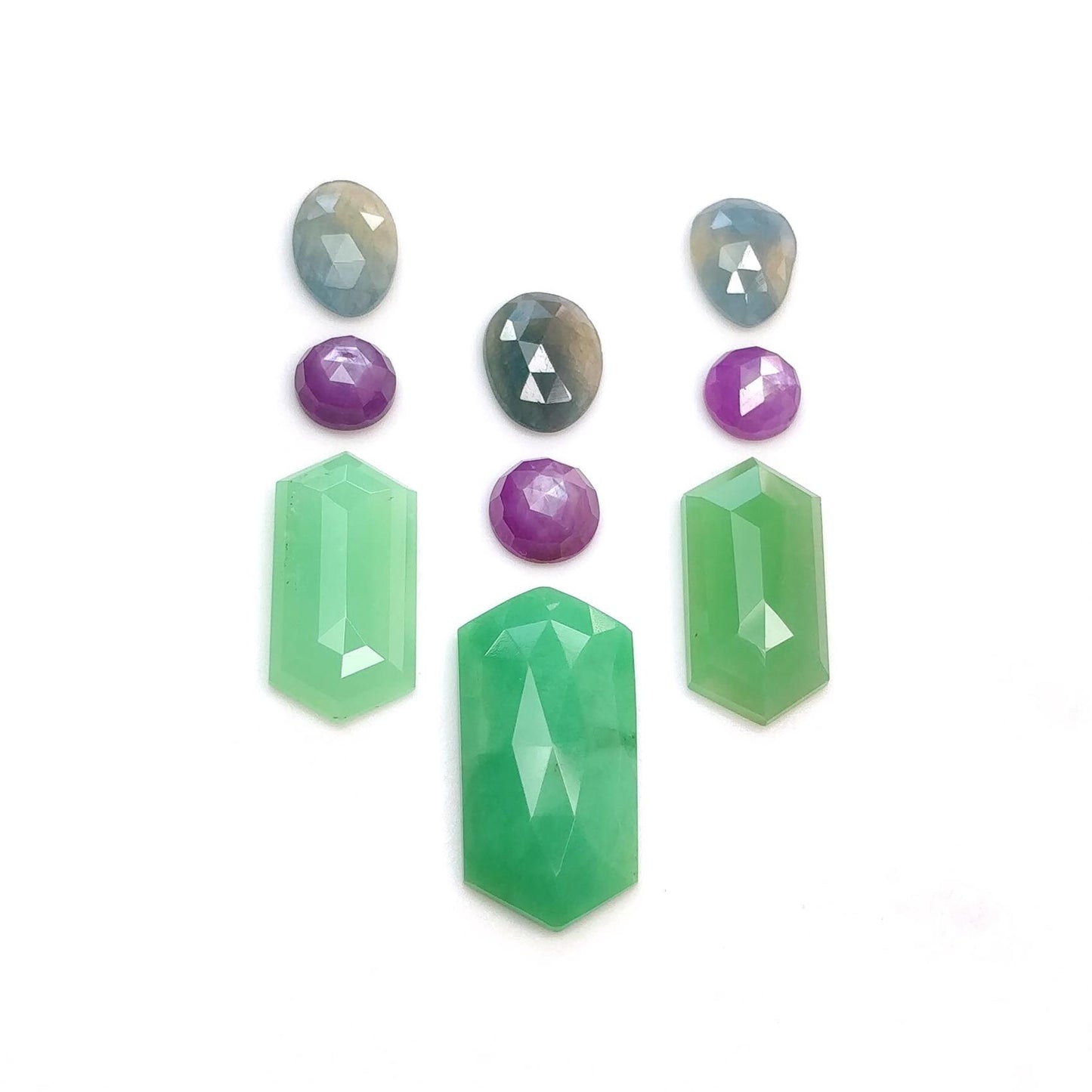 Green CHRYSOPRASE Raspberry SAPPHIRE Gemstones Rose & Step Cut : Natural Untreated Chrysoprase Sapphire Multi Shape 9pcs Set