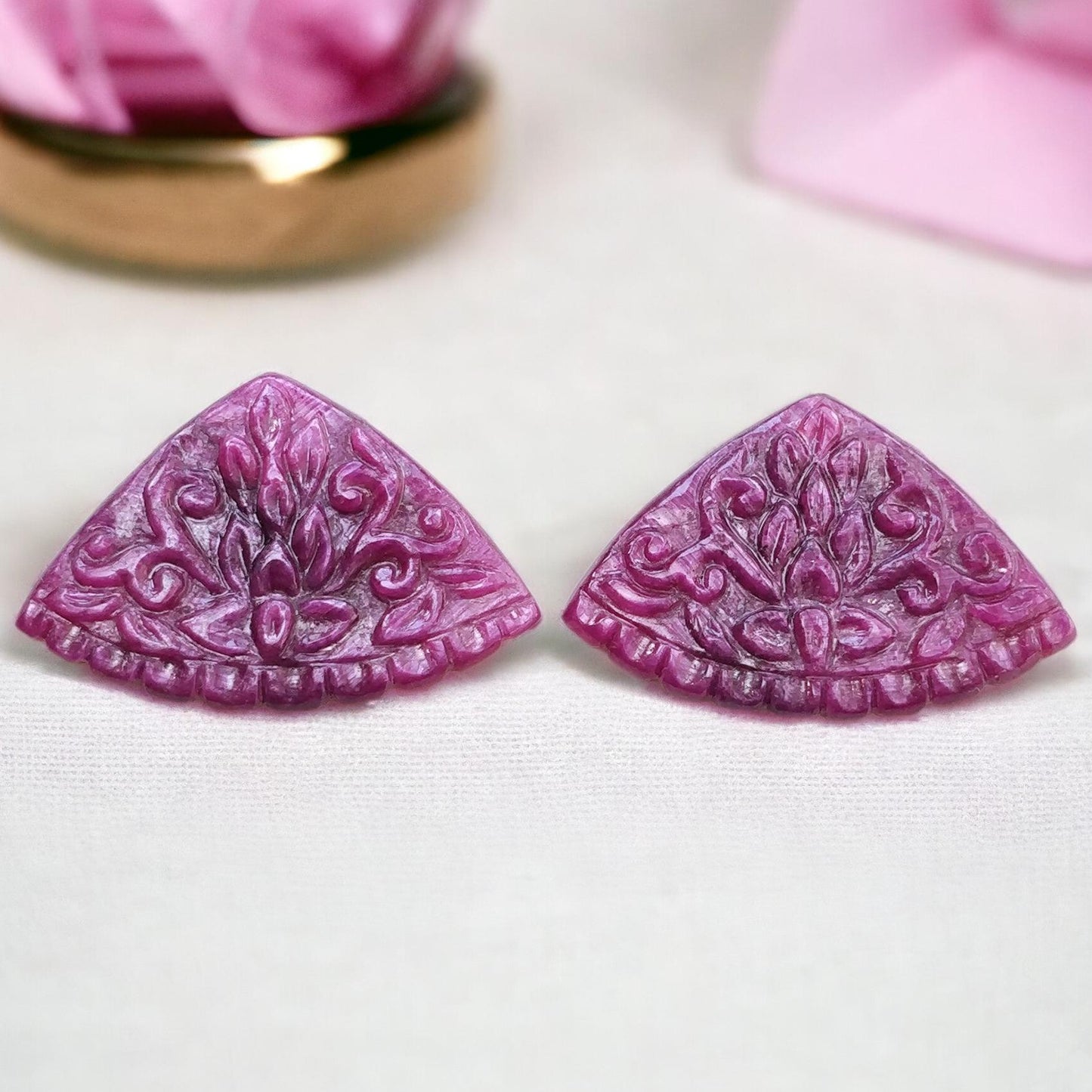 RUBY Gemstone Carving : 44.20cts Natural Untreated Unheated Red Ruby Hand Carved Triangle Shape 21*31mm Pair