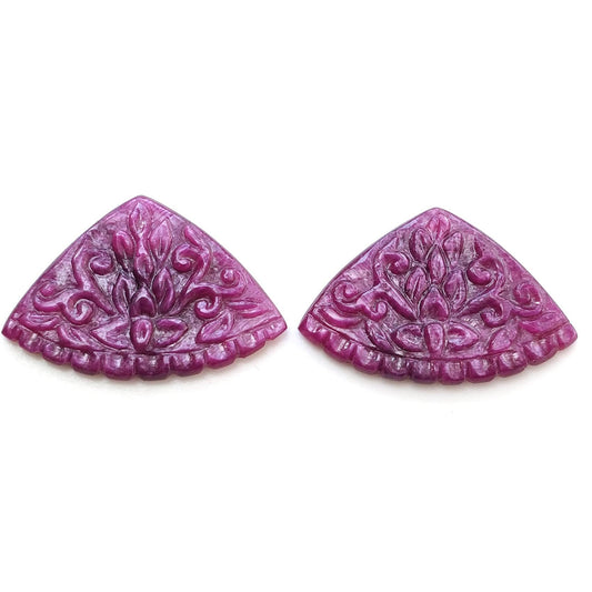RUBY Gemstone Carving : 44.20cts Natural Untreated Unheated Red Ruby Hand Carved Triangle Shape 21*31mm Pair