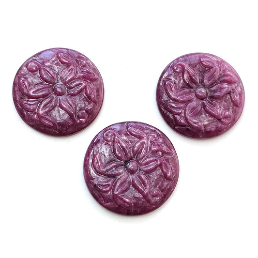 RUBY Gemstone Carving : 70.60cts Natural Untreated Unheated Red Ruby Hand Carved Round Shape 22mm - 22.5mm 3pcs