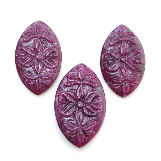 RUBY Gemstone Carving : 86.55cts Natural Untreated Unheated Red Ruby Hand Carved Marquise Shape 31*19mm - 35*21mm 3pcs