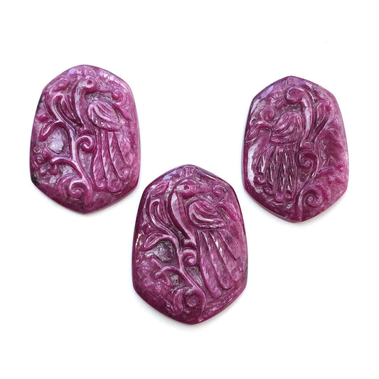 RUBY Gemstone Carving : 128.00cts Natural Untreated Unheated Red Ruby Hand Carved Peacock 34*24mm - 36*26mm 3pcs