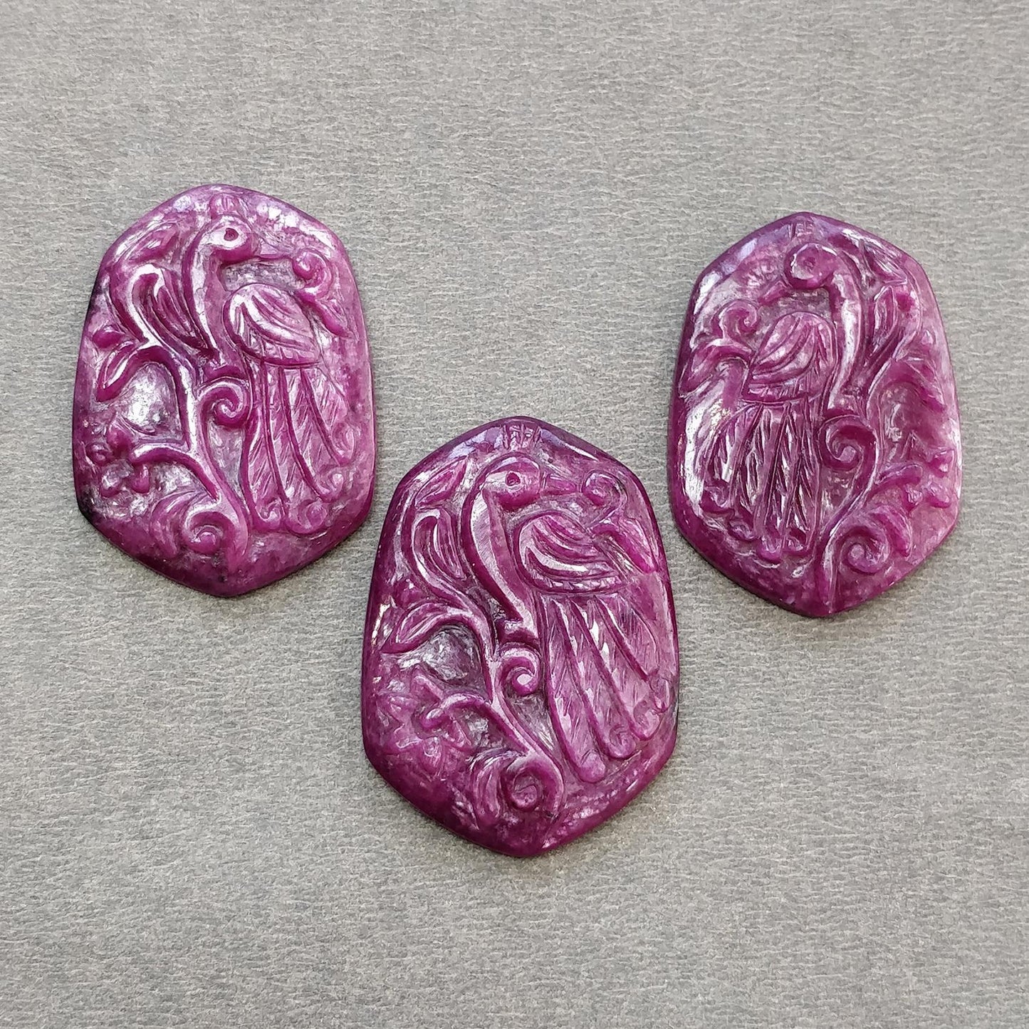 RUBY Gemstone Carving : 128.00cts Natural Untreated Unheated Red Ruby Hand Carved Peacock 34*24mm - 36*26mm 3pcs