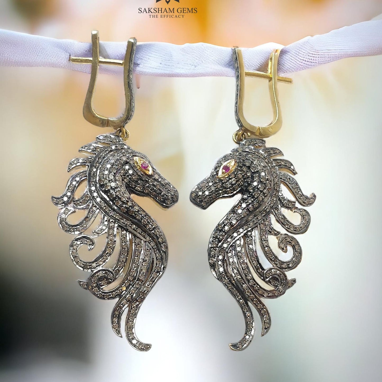 DIAMOND & RUBY Gemstone Earring : 12.18gms Natural Drop Dangle 925 Sterling Silver and Gold Latch Back Lock Pave Set Horse Face Earring 2.4"