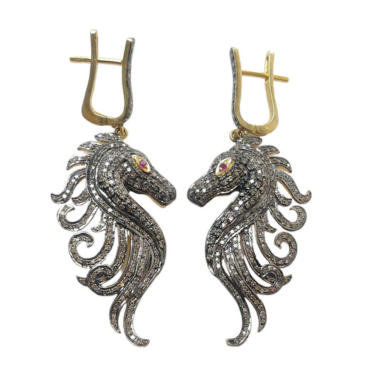 DIAMOND & RUBY Gemstone Earring : 12.18gms Natural Drop Dangle 925 Sterling Silver and Gold Latch Back Lock Pave Set Horse Face Earring 2.4"