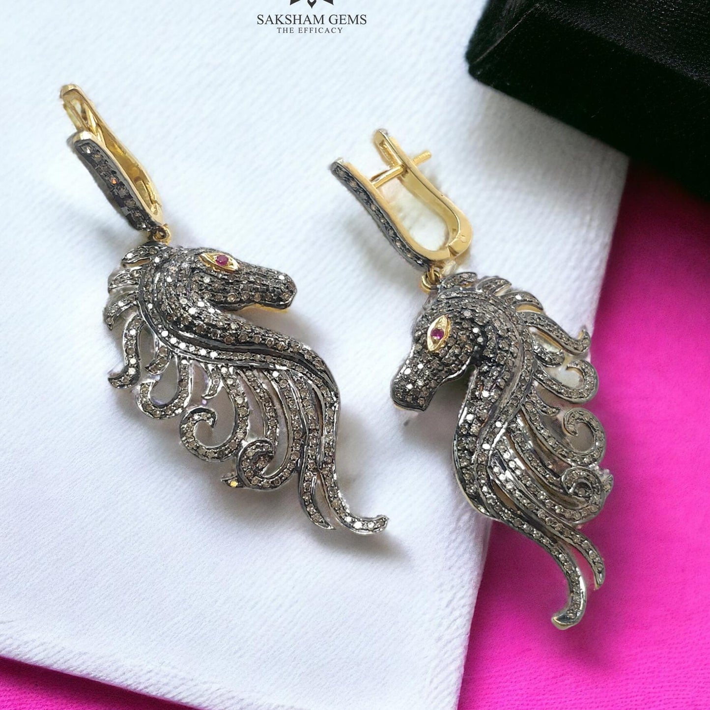 DIAMOND & RUBY Gemstone Earring : 12.18gms Natural Drop Dangle 925 Sterling Silver and Gold Latch Back Lock Pave Set Horse Face Earring 2.4"