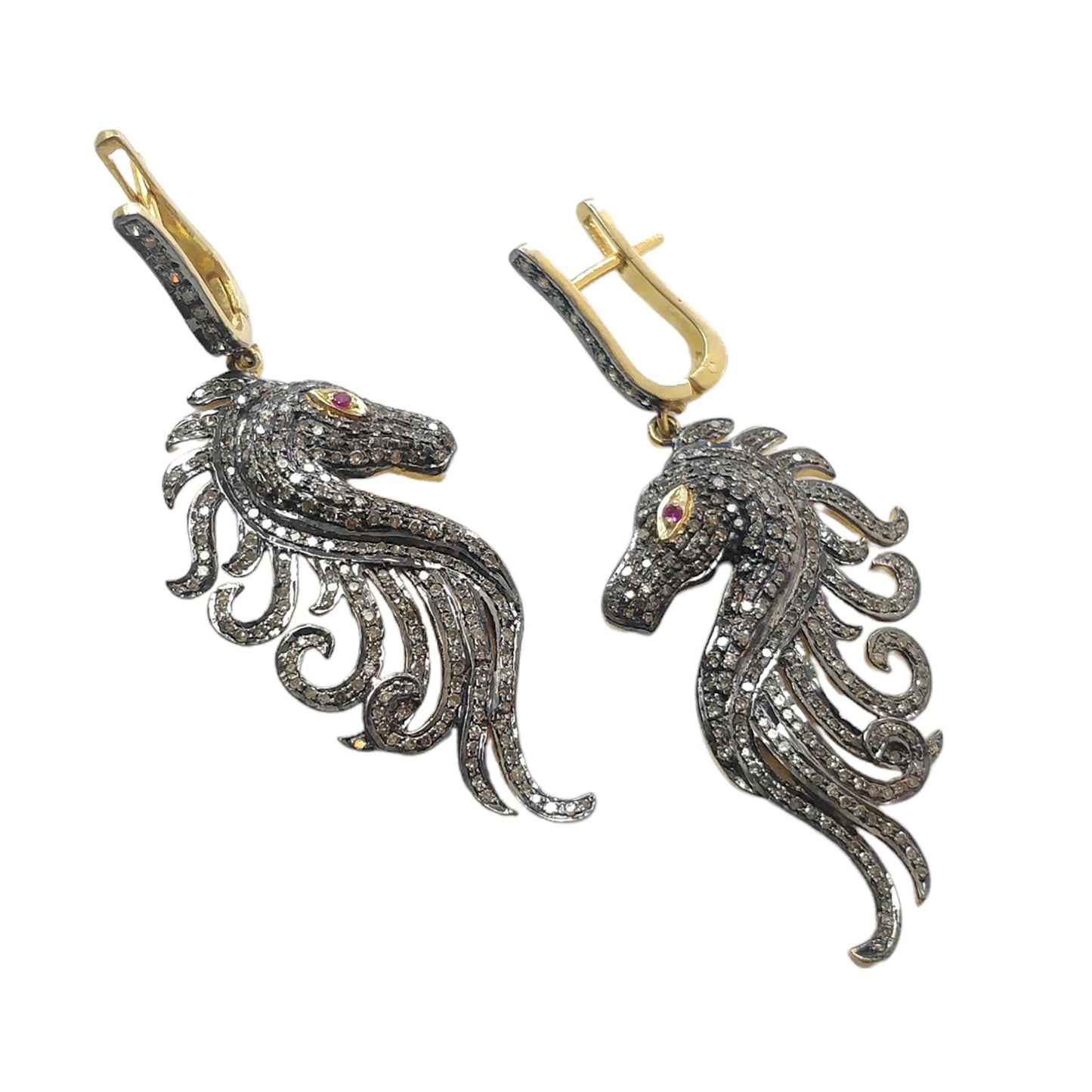DIAMOND & RUBY Gemstone Earring : 12.18gms Natural Drop Dangle 925 Sterling Silver and Gold Latch Back Lock Pave Set Horse Face Earring 2.4"