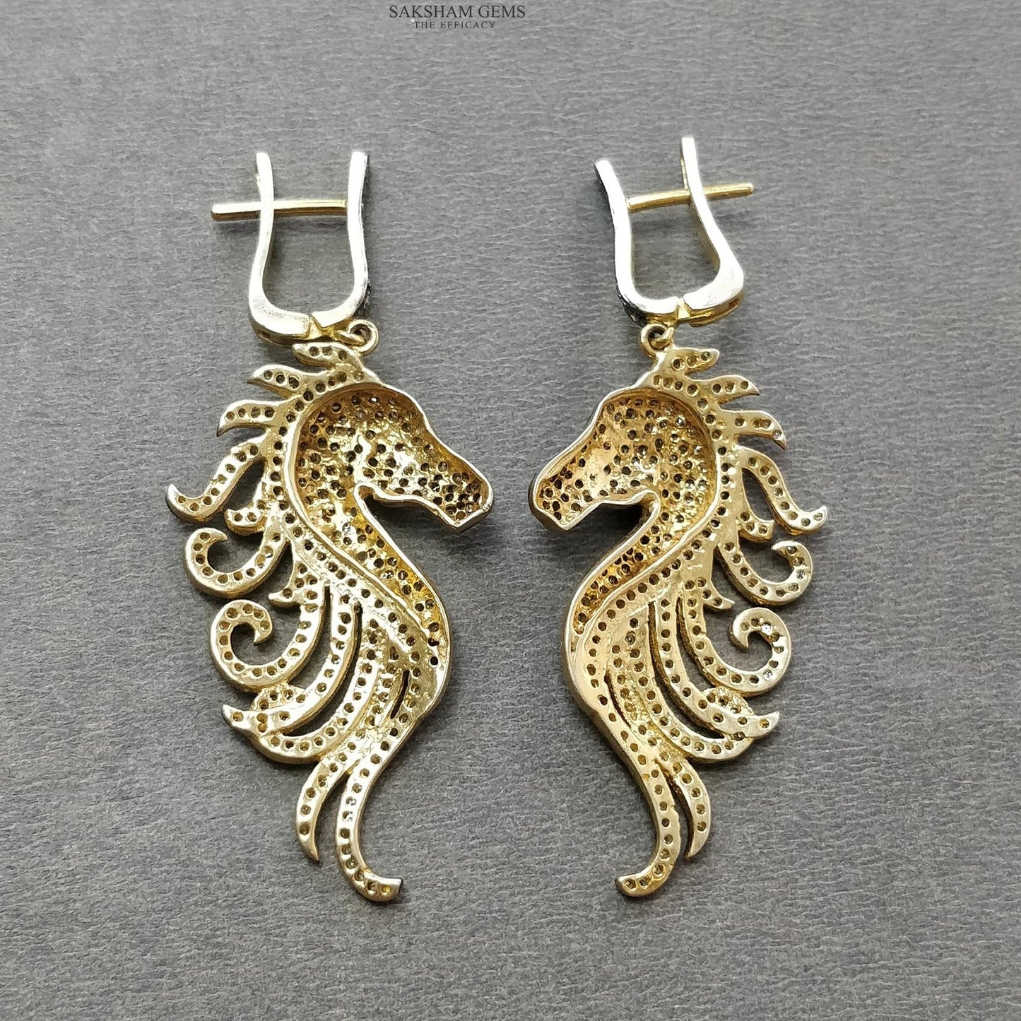 DIAMOND & RUBY Gemstone Earring : 12.18gms Natural Drop Dangle 925 Sterling Silver and Gold Latch Back Lock Pave Set Horse Face Earring 2.4"