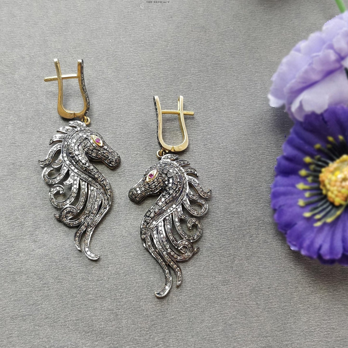 DIAMOND & RUBY Gemstone Earring : 12.18gms Natural Drop Dangle 925 Sterling Silver and Gold Latch Back Lock Pave Set Horse Face Earring 2.4"
