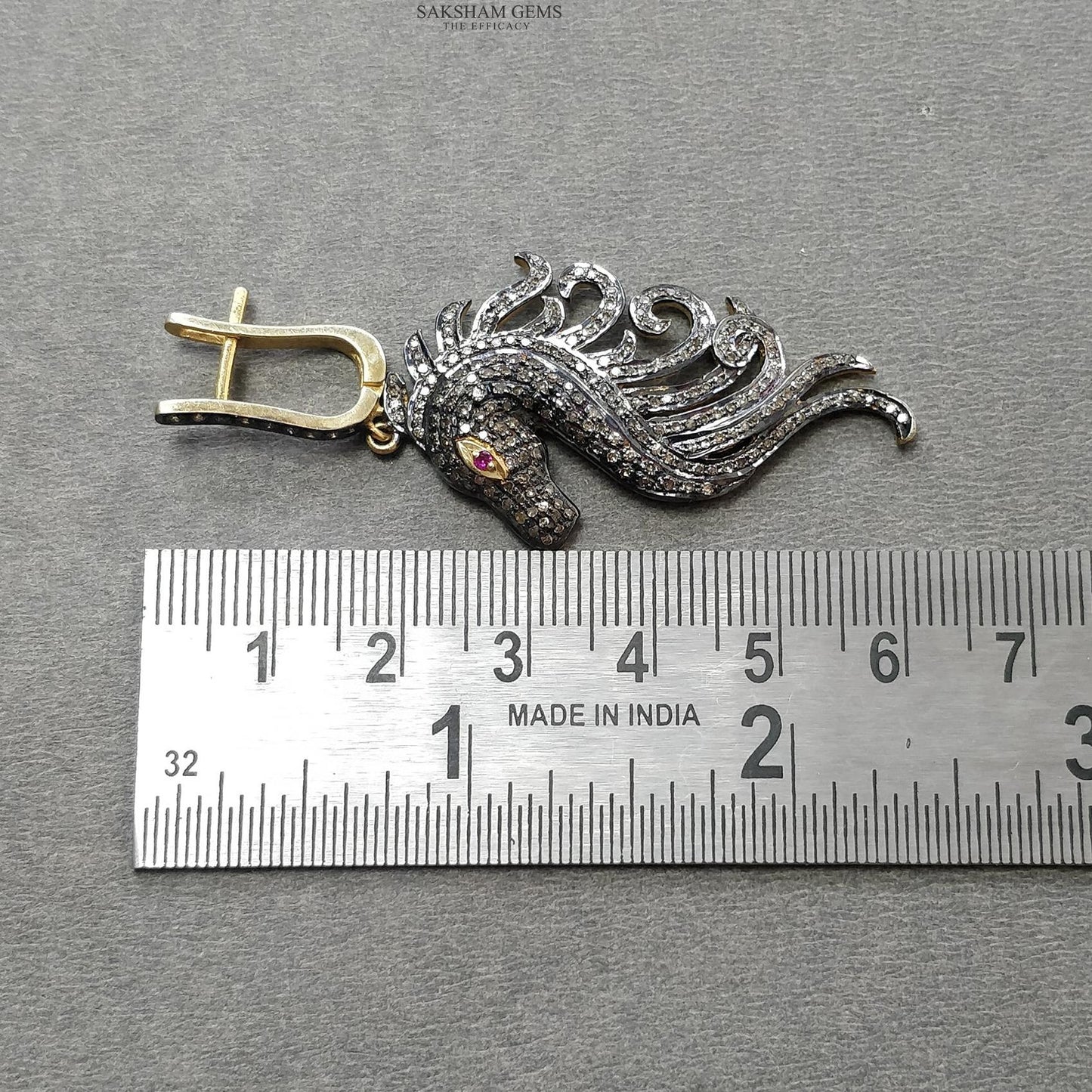 DIAMOND & RUBY Gemstone Earring : 12.18gms Natural Drop Dangle 925 Sterling Silver and Gold Latch Back Lock Pave Set Horse Face Earring 2.4"