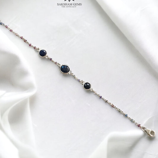 925 Sterling Silver Bracelet : 3.84gms Natural Blue Sapphire Gemstone Round Checker Cut Briolette Bezel Set Chain Bracelet 7.5"