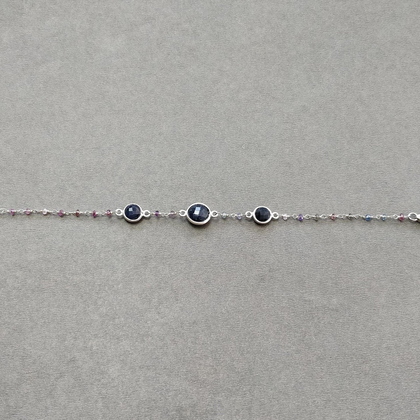925 Sterling Silver Bracelet : 3.84gms Natural Blue Sapphire Gemstone Round Checker Cut Briolette Bezel Set Chain Bracelet 7.5"