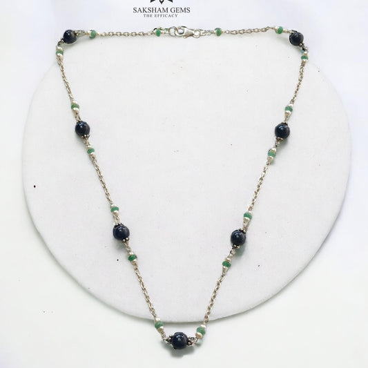 Blue Sapphire Green Emerald And White Pearl Natural Gemstones Round Beads 925 Sterling Silver 10.26gms NECKLACE Chain 18"