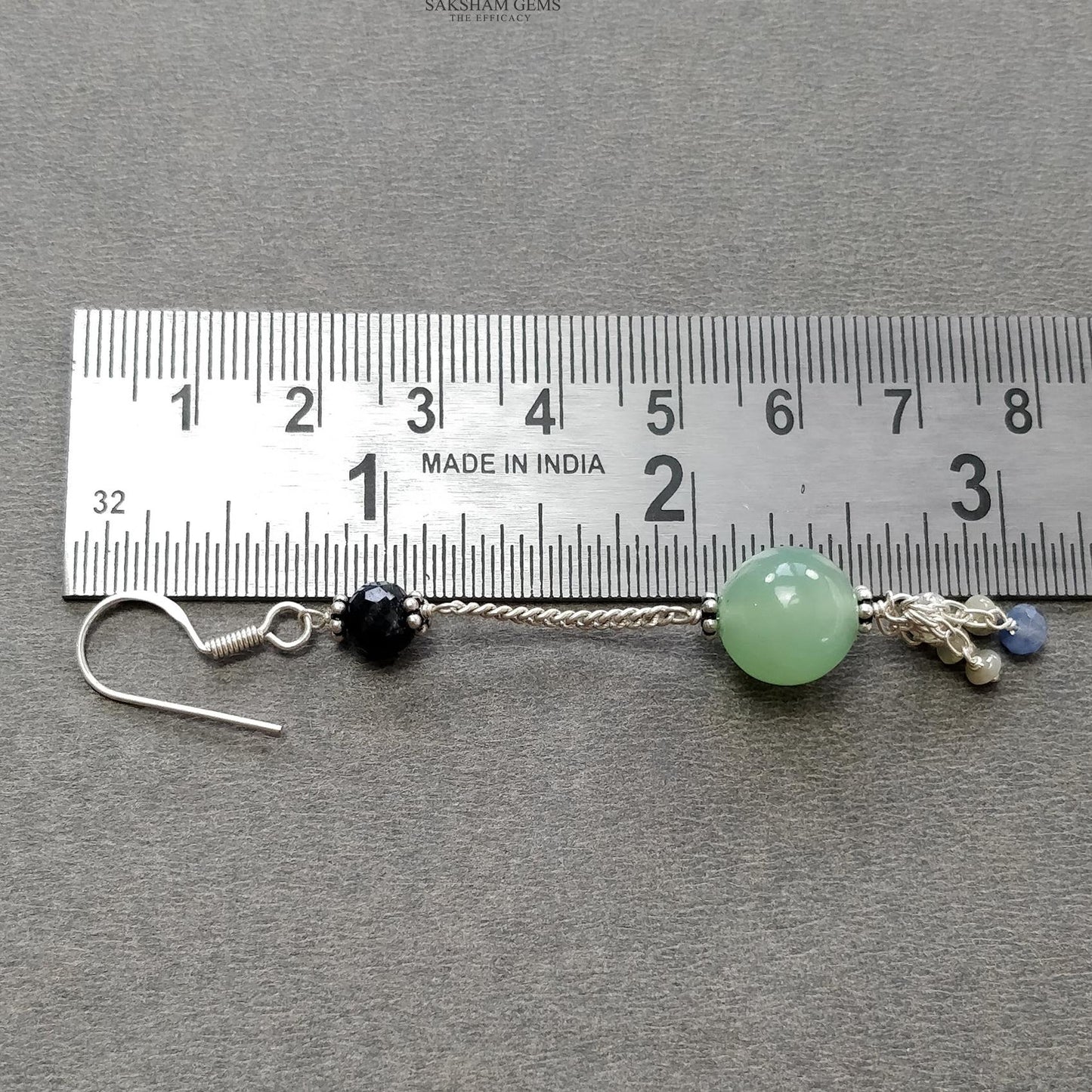 Serpentine & Chrysoberyl Cat's Eye Gemstone With 925 Sterling Silver Jewelry : 14.17gms Natural Round Shape Beaded Earrings Necklace Set