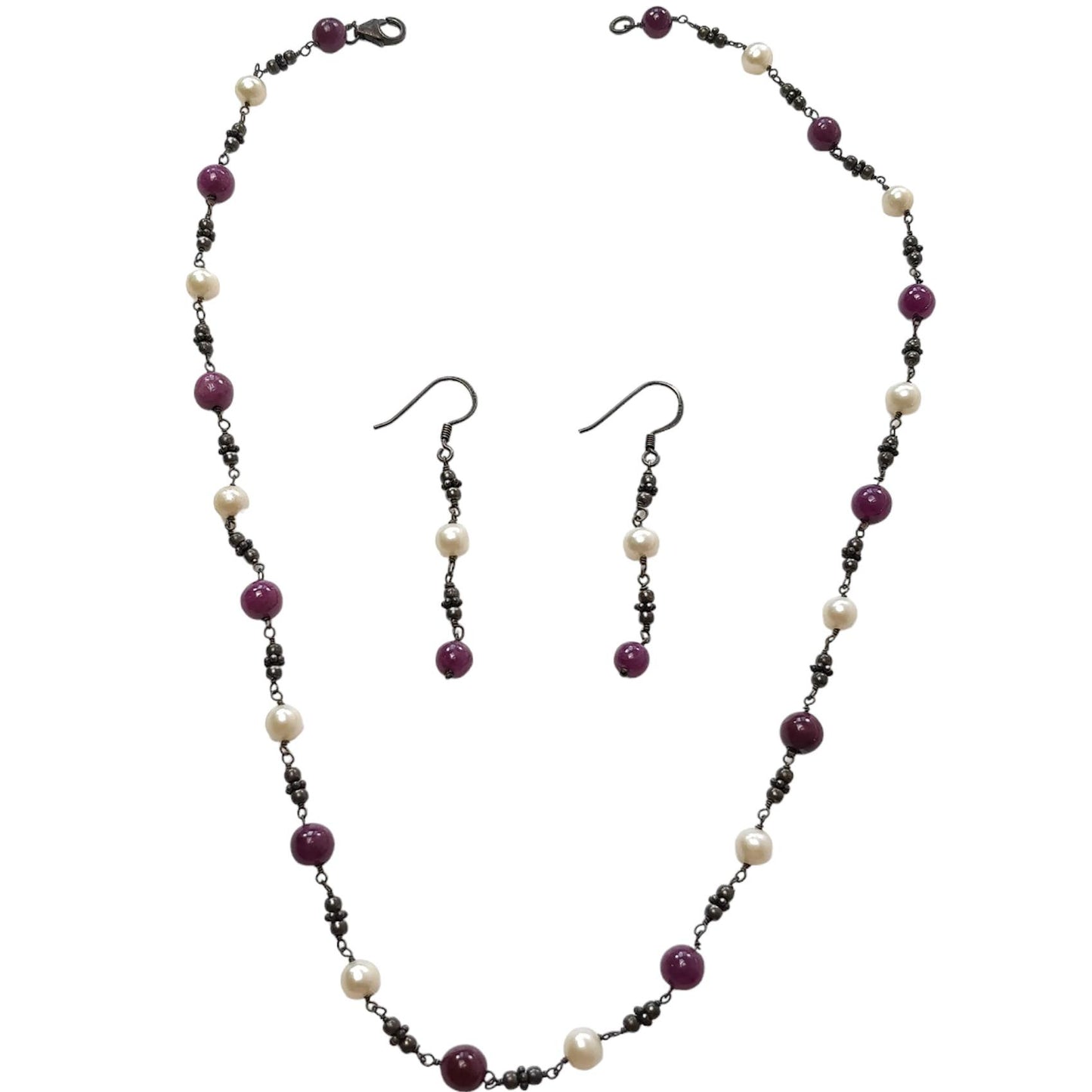 Ruby & Pearl Gemstone With 925 Sterling Silver Jewelry: 20.40gms Natural Untreated Plain Round Beaded Victorian Earring Necklace Earring Set