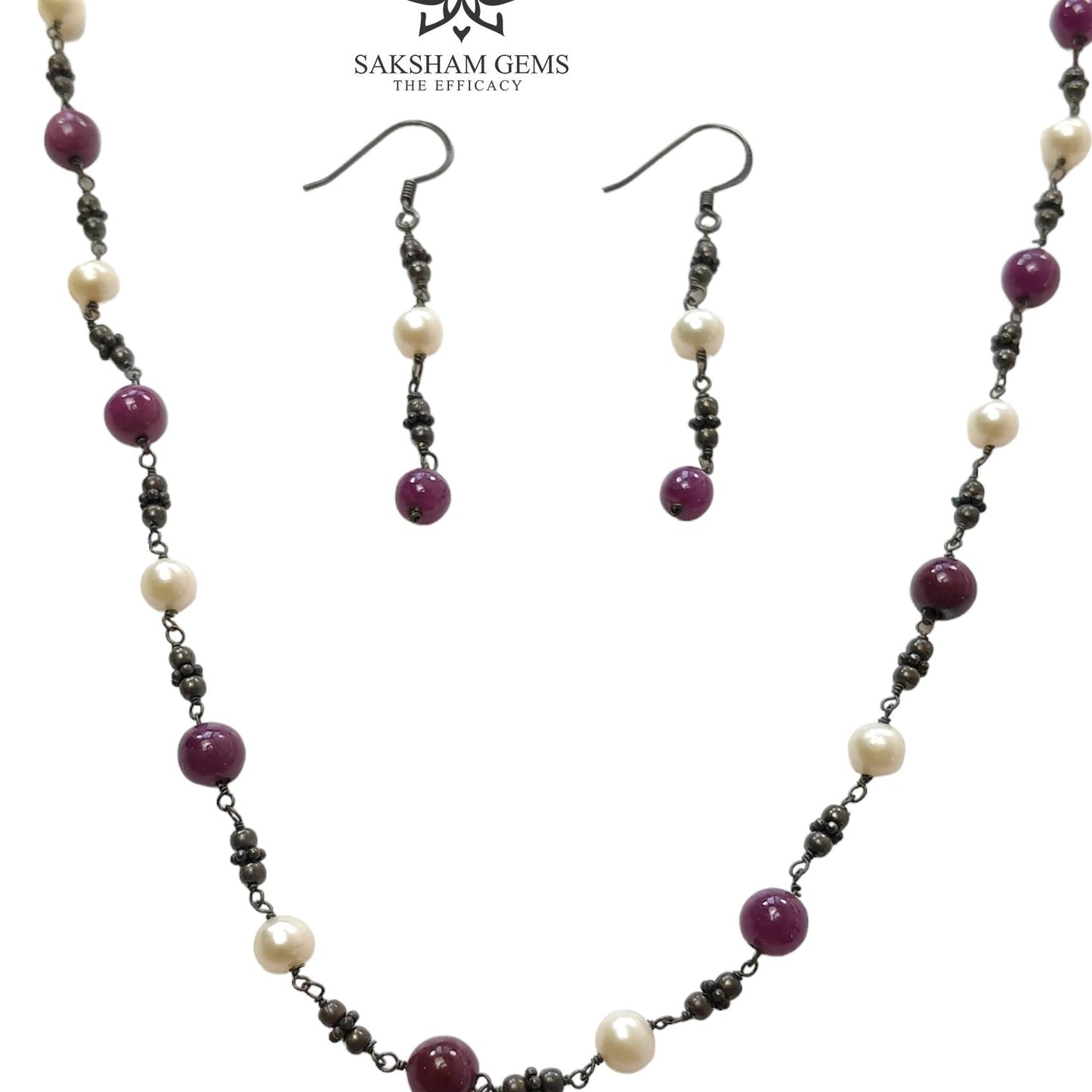 Ruby & Pearl Gemstone With 925 Sterling Silver Jewelry: 20.40gms Natural Untreated Plain Round Beaded Victorian Earring Necklace Earring Set