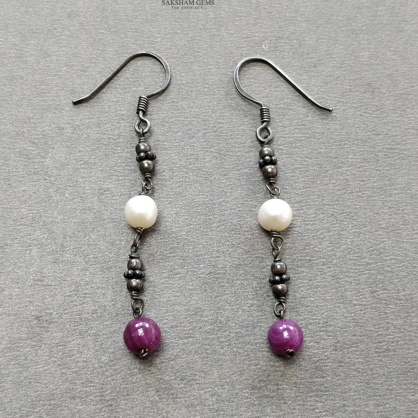 Ruby & Pearl Gemstone With 925 Sterling Silver Jewelry: 20.40gms Natural Untreated Plain Round Beaded Victorian Earring Necklace Earring Set