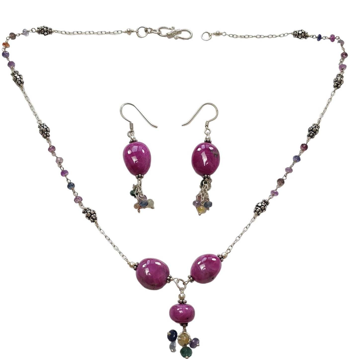 Ruby & Emerald Sapphire Beads Necklace And Earring : 30.43gms 925 Silver Natural Ruby Untreated Plain Beaded Earrings Necklace Set