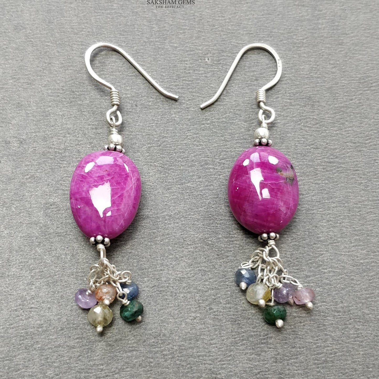 Ruby & Emerald Sapphire Beads Necklace And Earring : 30.43gms 925 Silver Natural Ruby Untreated Plain Beaded Earrings Necklace Set