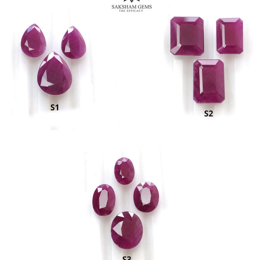 Ruby Gemstone Normal Cut : Natural Untreated Unheated Red Ruby Oval & Baguette Shape 3pcs Set