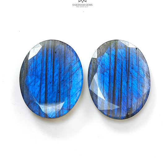 Labradorite Gemstone Oval Faceted Cut : 67.00cts Natural Untreated Blue Labradorite Oval Shape pair For Jewelry 34*25mm