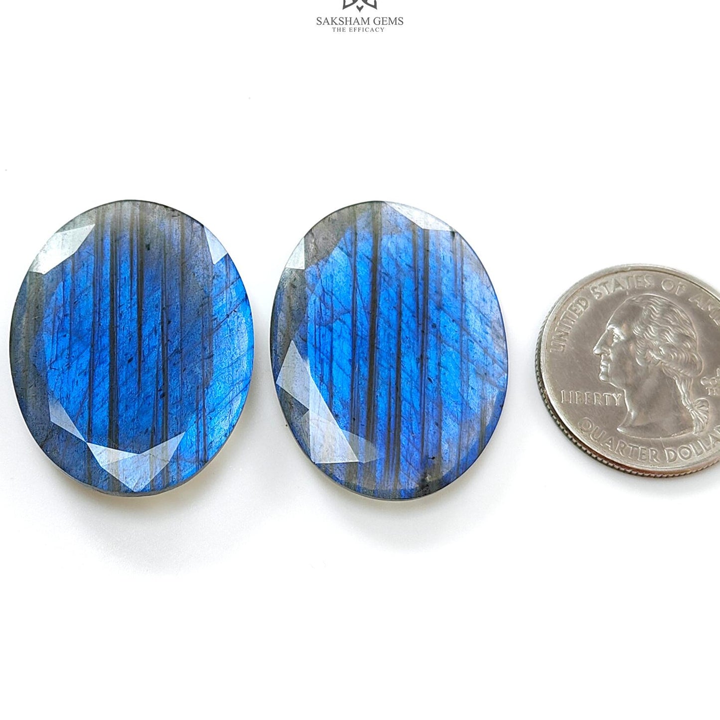 Labradorite Gemstone Oval Faceted Cut : 67.00cts Natural Untreated Blue Labradorite Oval Shape pair For Jewelry 34*25mm