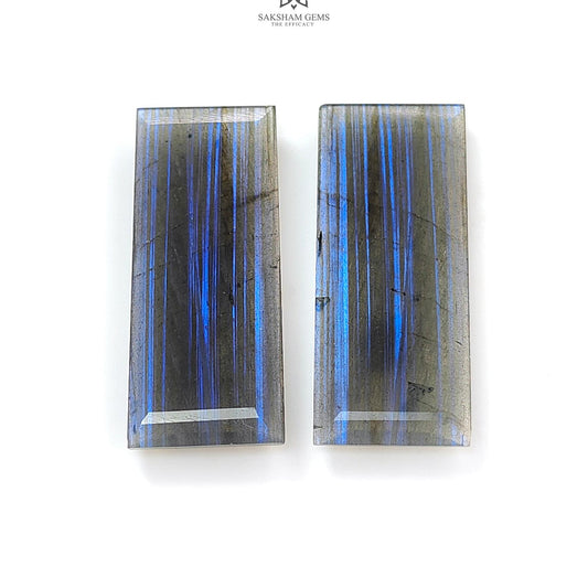 Labradorite Cabochon Fancy Cut: 61.50cts Natural Untreated Unheated Blue Labradorite Baguette Shape 41*17mm Pair For Jewelry