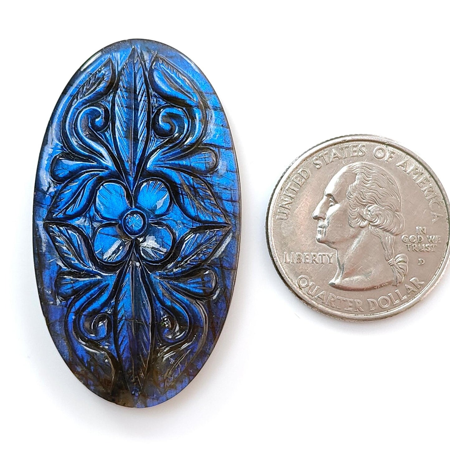 Blue Labradorite Gemstone Carving: 75.20cts Natural Untreated Unheated Labradorite Hand Carved Oval Shape 47.5*27mm 1pc For Jewelry