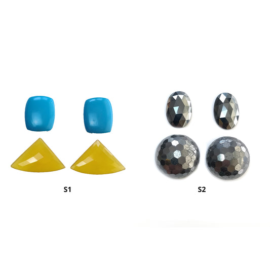 Yellow Onyx Synthetic Turquoise & Hematite Gemstone Checker Rose Cut : Natural Round Oval Cushion And Triangle Shape 4pcs