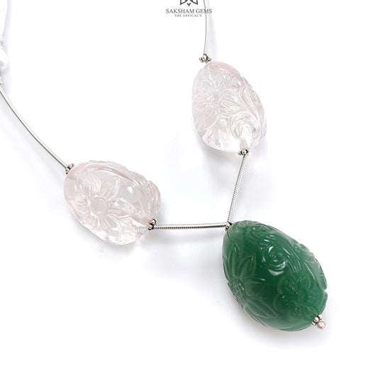 Rose Green Quartz Loose Tumble Beads: 152.50cts Natural Green Quartzite Gemstone Hand Carved Uneven 925 Sterling Silver 22*17mm - 29*21mm
