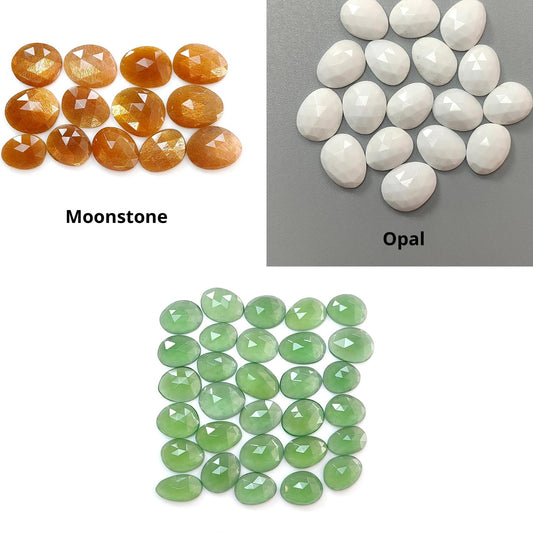 Peach Moonstone, White Opal & Serpentine Rose Cut Slices: Natural Untreated Gemstones Egg Shape Faceted Lots for Jewelry