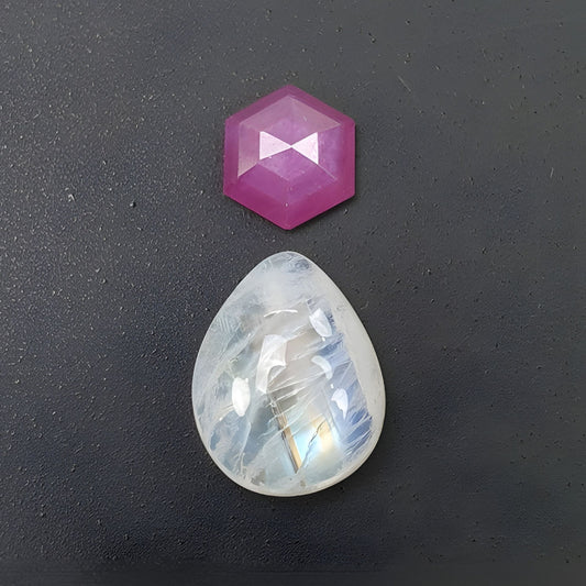 moonstone, sapphire cabochon step cut