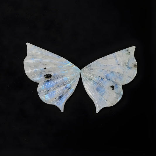 38.10cts Natural Untreated Rainbow Moonstone Gemstone Butterfly Carving 36*23mm Pair