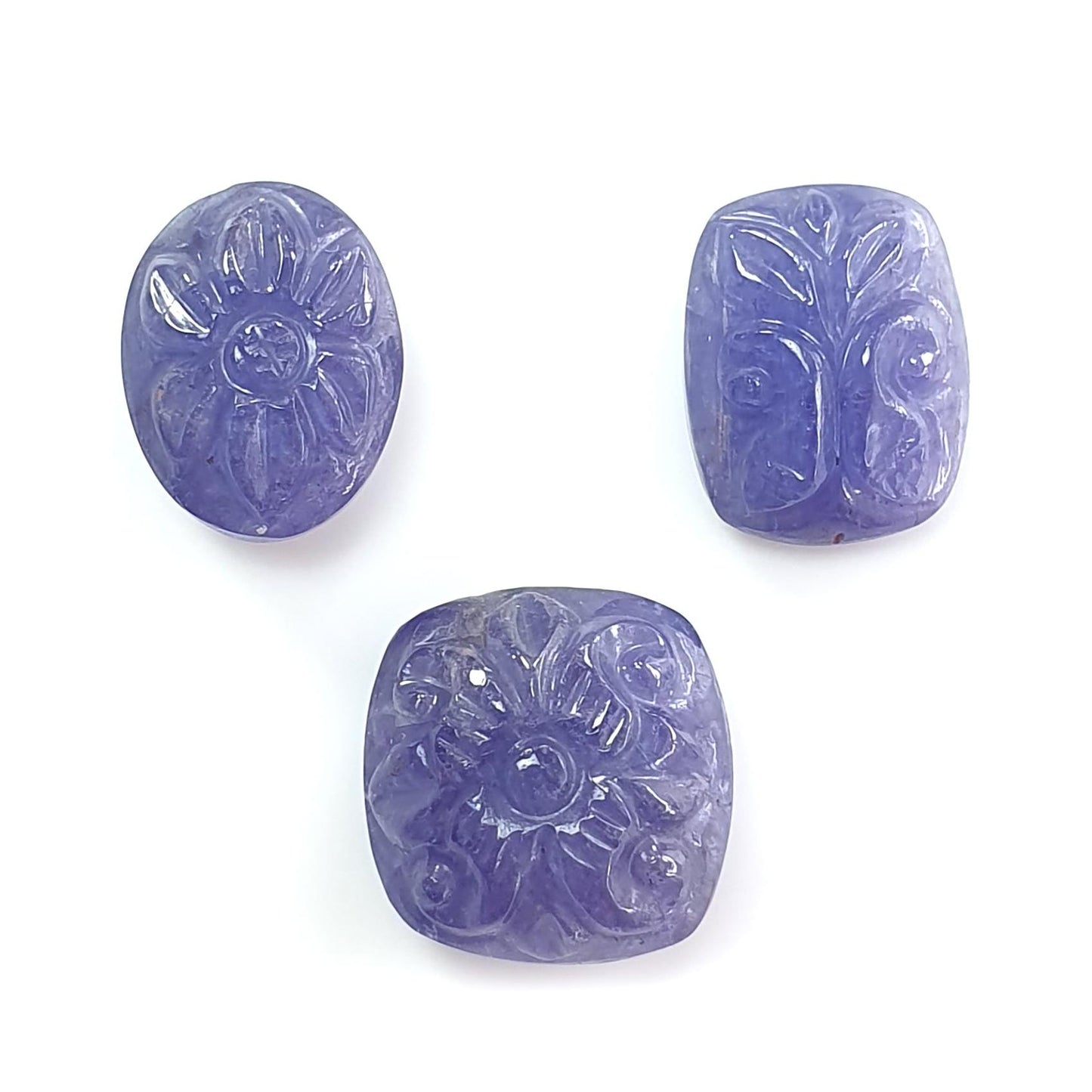 Tanzanite Gemstone Carving: Natural Blue Tanzanite Hand Carved Oval And Cushion Shape 3pcs Set For Jewelry