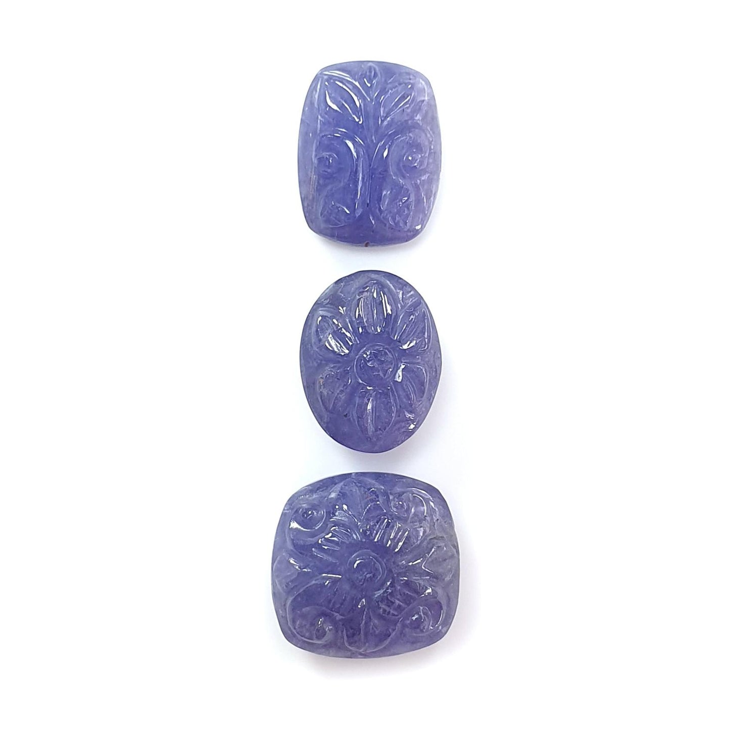 Tanzanite Gemstone Carving: Natural Blue Tanzanite Hand Carved Oval And Cushion Shape 3pcs Set For Jewelry